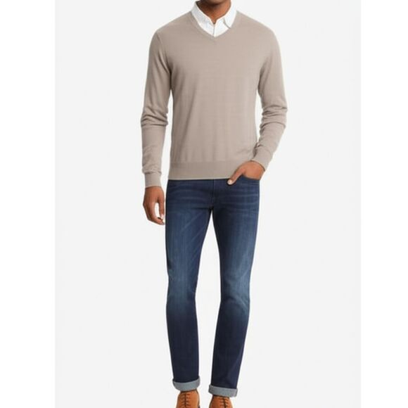 Express Men's Merino Wool Sweater Size S NWT V-Neck Oatmeal Extra Fine Wool - Picture 1 of 16